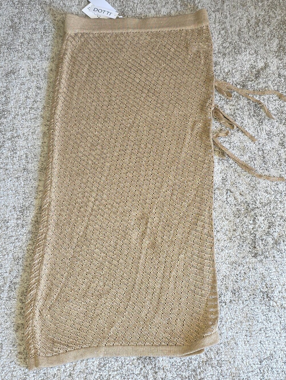 NWT Dotti Swimsuit Maxi Skirt Cover Up Crochet Shimmer Tan Taupe Side Tie Sz L